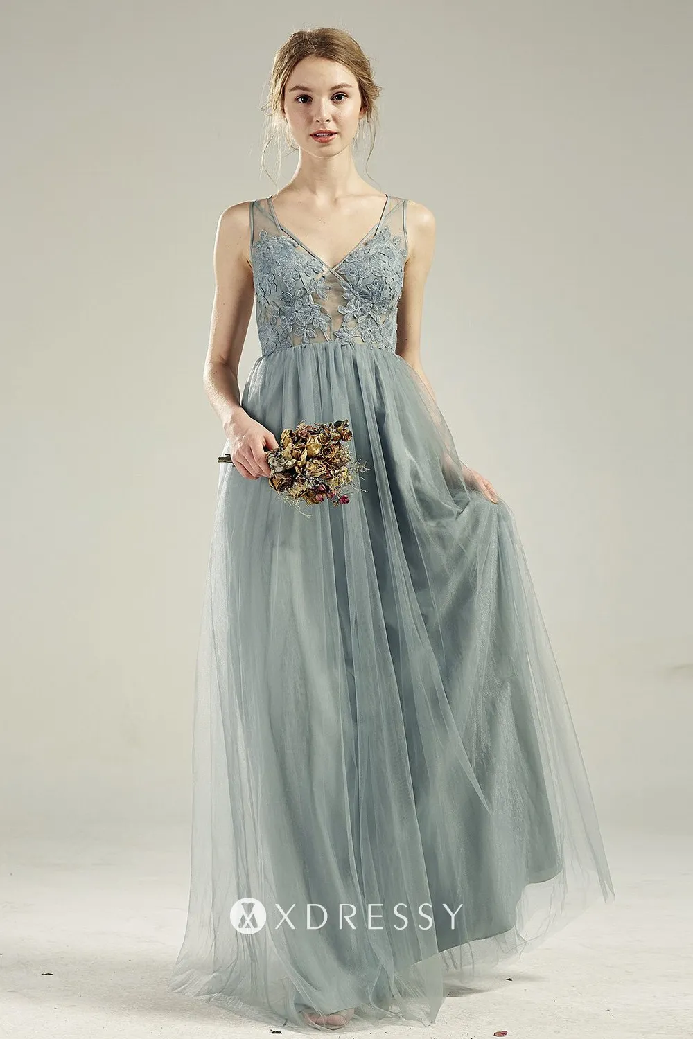 sexy lace bodice dusty blue tulle A line bridal party gown