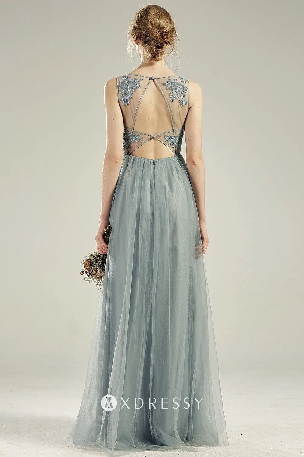 sleeveless open back floor length wedding guest dress