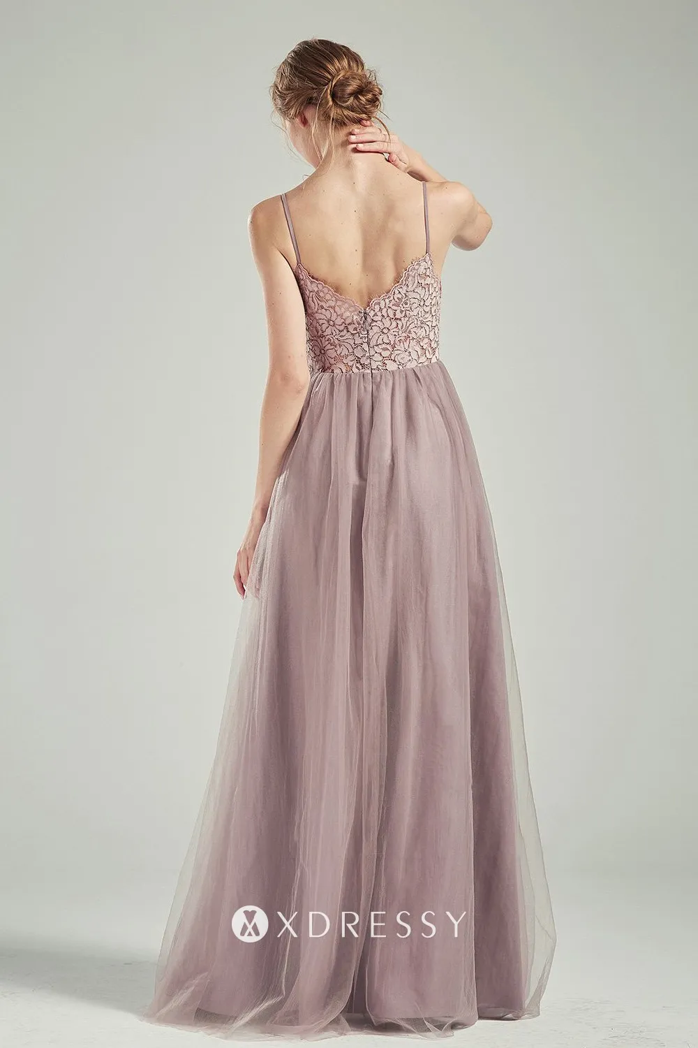 low V back floor length lace tulle tan nude party dress