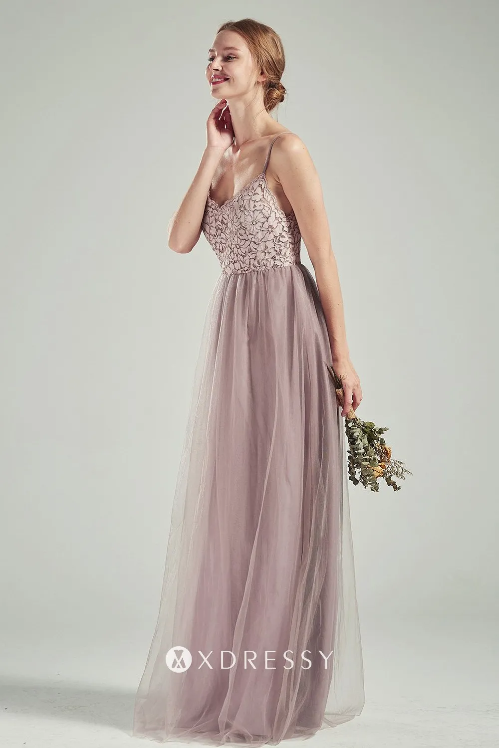 tan nude lace bodice and tulle skirt bridal party gown