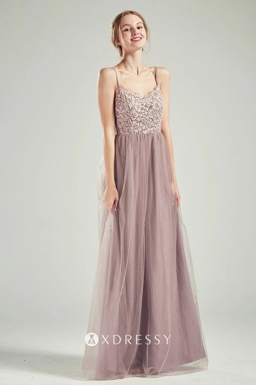thin straps V neckline A line wedding guest dress