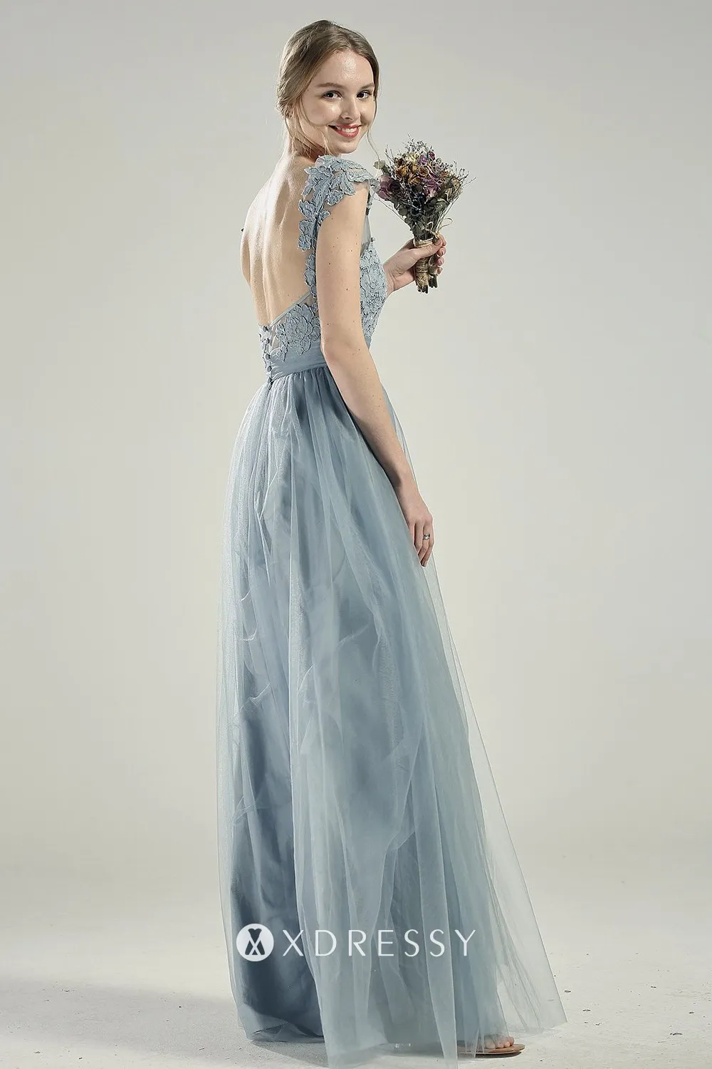 open back dusty blue floor length A line formal dress