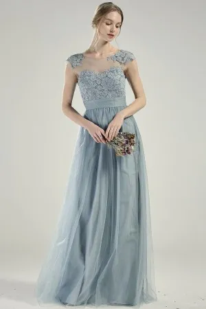 vintage dusty blue cap sleeve lace bridesmaid dress
