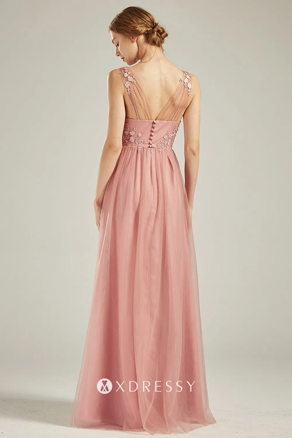 V back floor length dusty pink tulle wedding guest formal gown V back floor length dusty pink tulle wedding guest formal gown