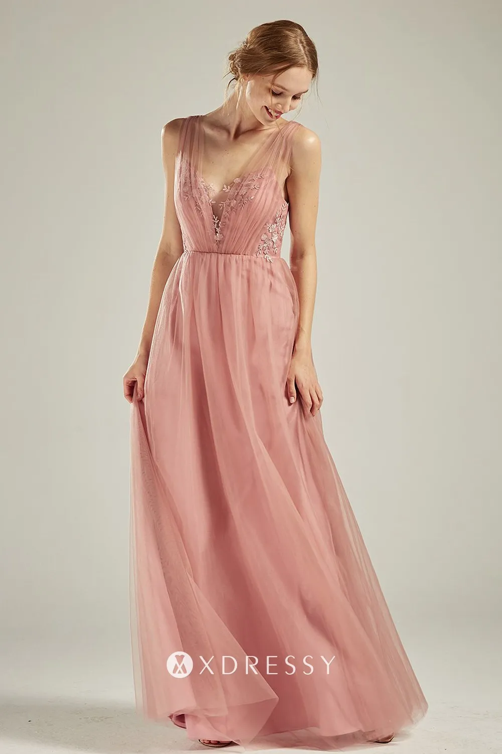 dusty pink lace tulle sweetheart neck A line long bridal party dress dusty pink lace tulle sweetheart neck A line long bridal party dress