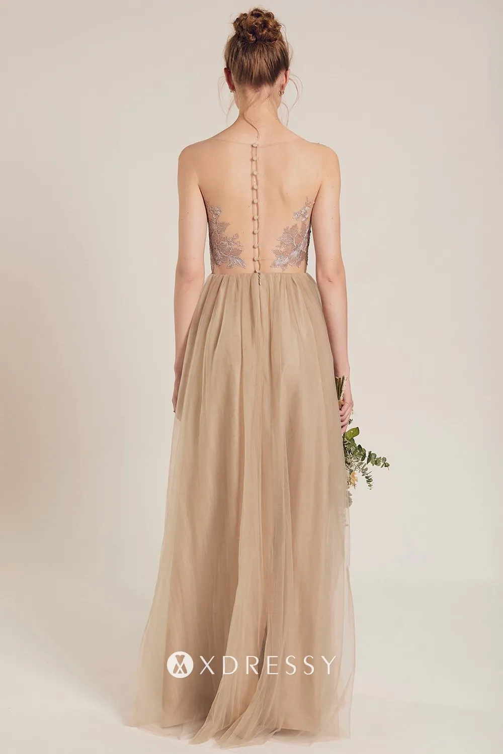 illusion buttons back floor length lace and tulle dress illusion buttons back floor length lace and tulle dress