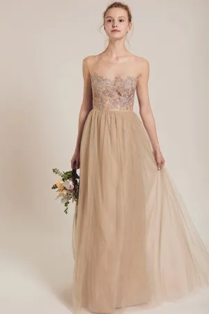 khaki nude lace tulle illusion long bridesmaid dress
