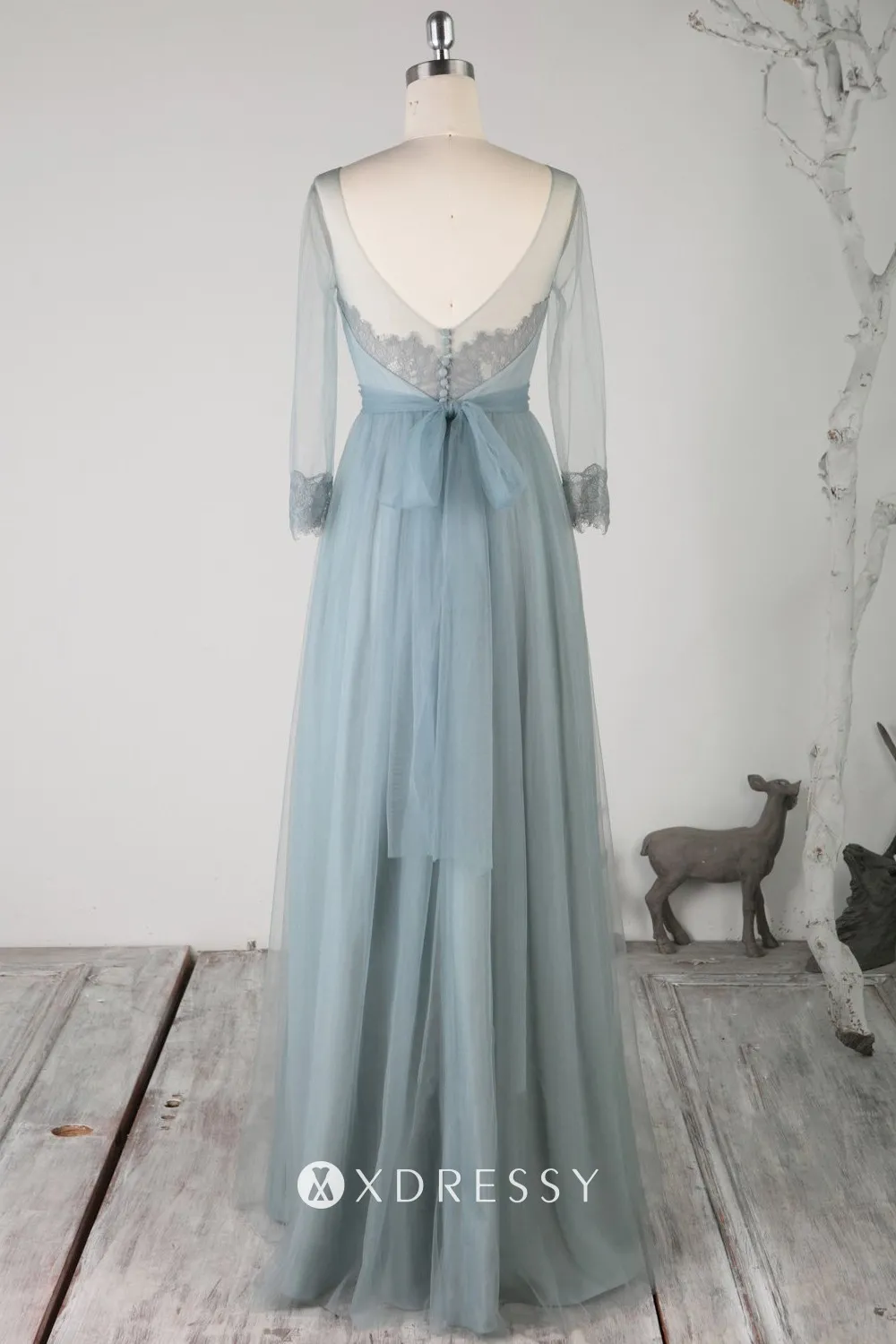 V back 34 sleeve floor length dusty blue bridesmaid gown V back 34 sleeve floor length dusty blue bridesmaid gown