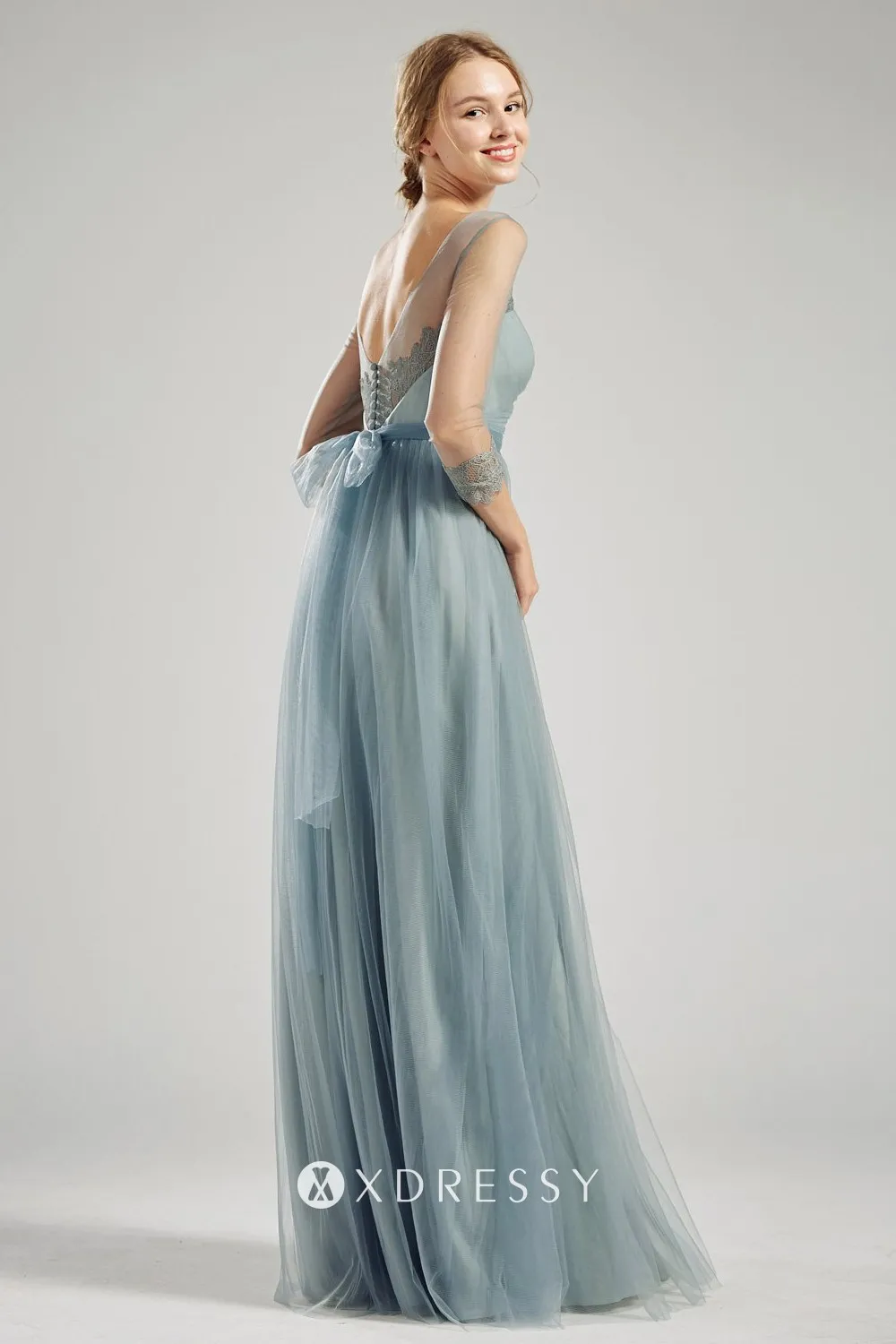 illusion V back dusty blue lace and tulle bridal party gown illusion V back dusty blue lace and tulle bridal party gown