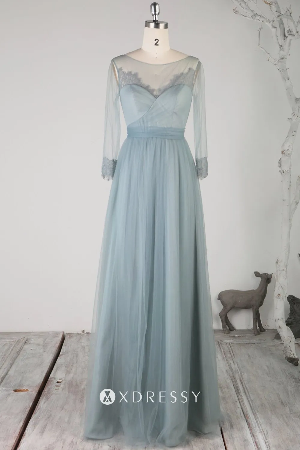 sheer 34 sleeve dusty blue sweetheart tulle A line formal dress sheer 34 sleeve dusty blue sweetheart tulle A line formal dress
