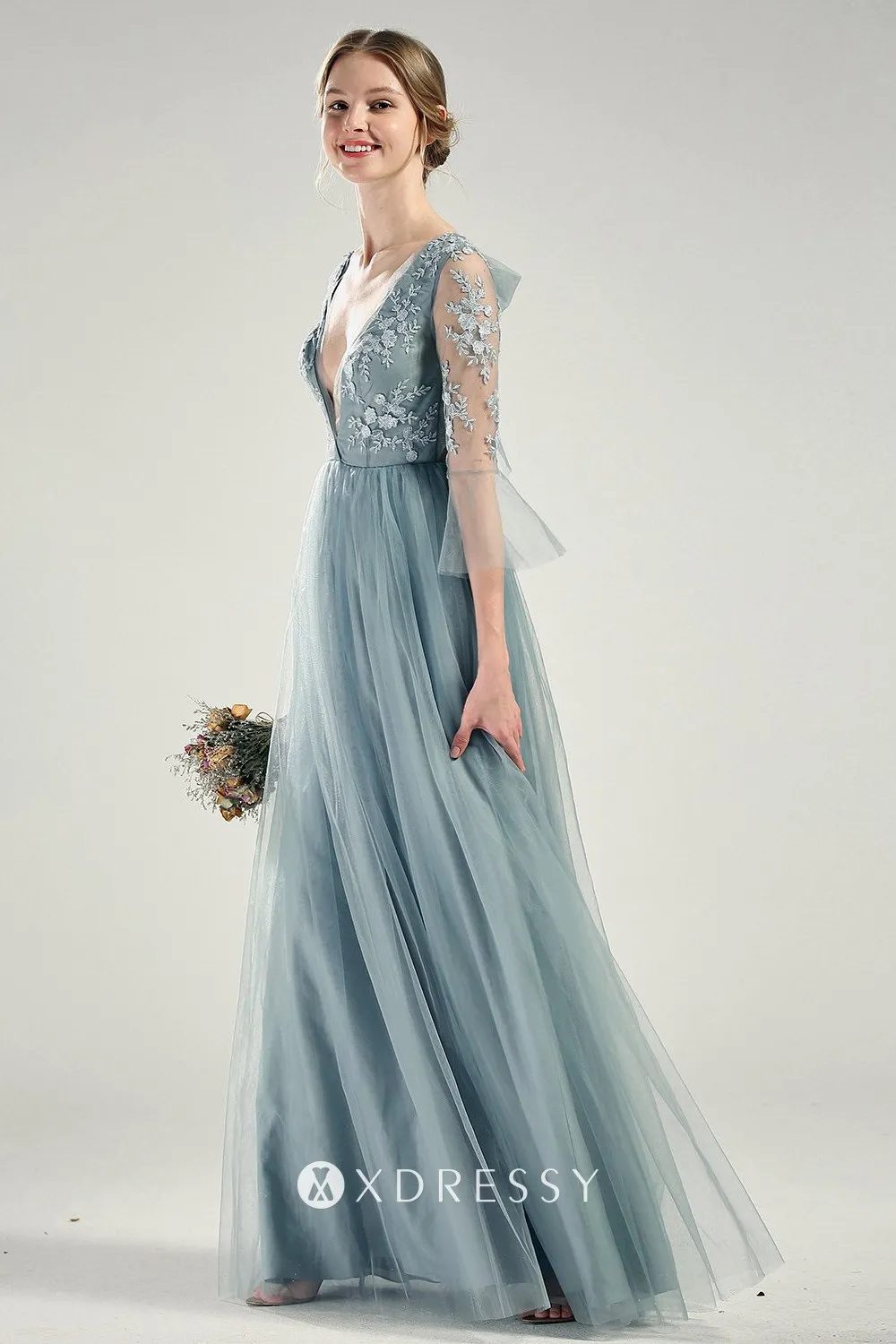 floral lace appliqued plunging V neckline A line bridal party gown