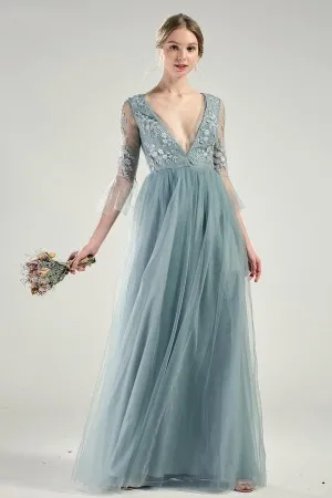 open back with tie bow dusty blue 34 sleeve long dress