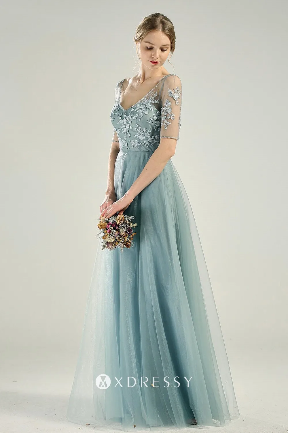 floral lace appliqued illusion short sleeve long bridal party gown floral lace appliqued illusion short sleeve long bridal party gown