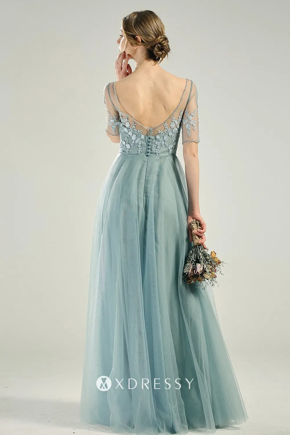 low back dusty blue tulle floor length formal dress low back dusty blue tulle floor length formal dress