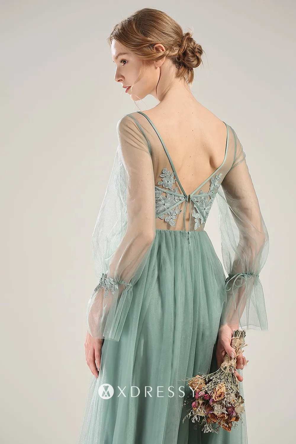 V back lace and tulle dusty green A line wedding guest gown V back lace and tulle dusty green A line wedding guest gown