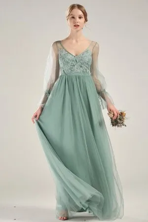 sheer long sleeve dusty green lace tulle party dress