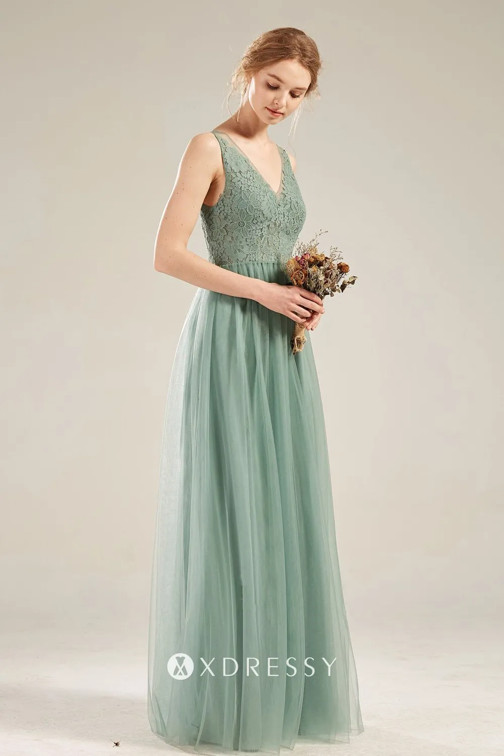 V neck sleeveless dusty green A line bridal party gown V neck sleeveless dusty green A line bridal party gown
