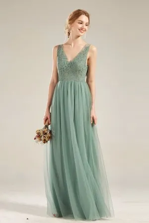 Long Bridesmaid Dress, V-Neck Bridesmaid Dress, Tulle Bridesmaid Dress, A-Line Dress for Wedding, 3/4 Sleeve Bridesmaid Dress, Beading Bridesmaid Dress, LB0385 main image 1