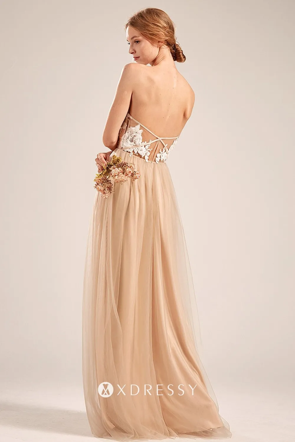 low back off white lace appliqued nude tulle A line bridal party dress low back off white lace appliqued nude tulle A line bridal party dress