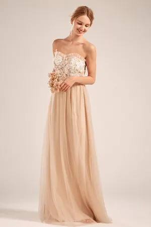 off white lace appliqued nude tulle strapless long gown