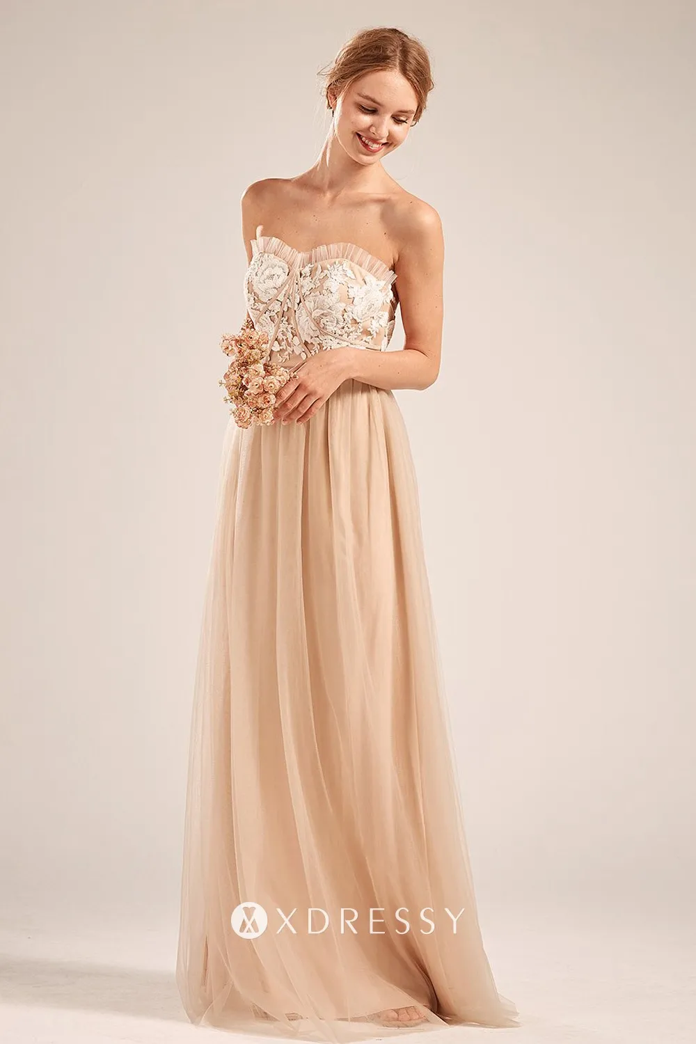 off white lace appliqued nude tulle strapless long gown off white lace appliqued nude tulle strapless long gown