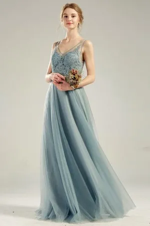 dusty blue lace tulle sheer V neck A line party dress