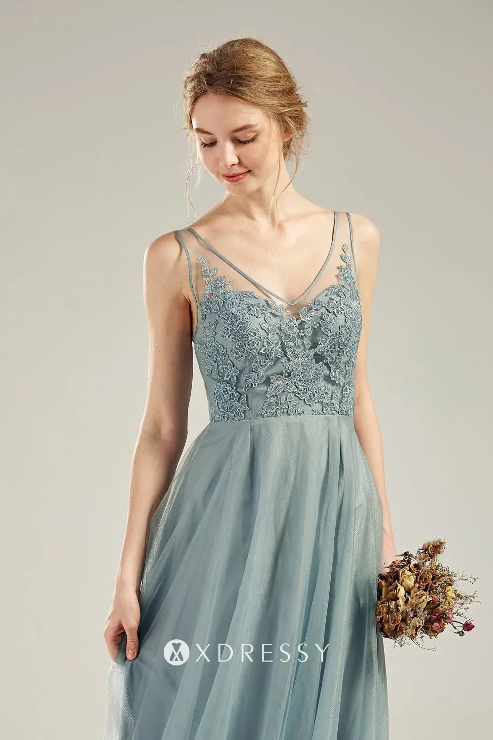 sheer V neck lace bodice bridesmaid dress