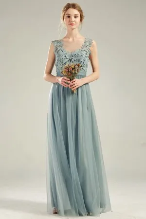 dusty blue lace and tulle V back long bridesmaid dress