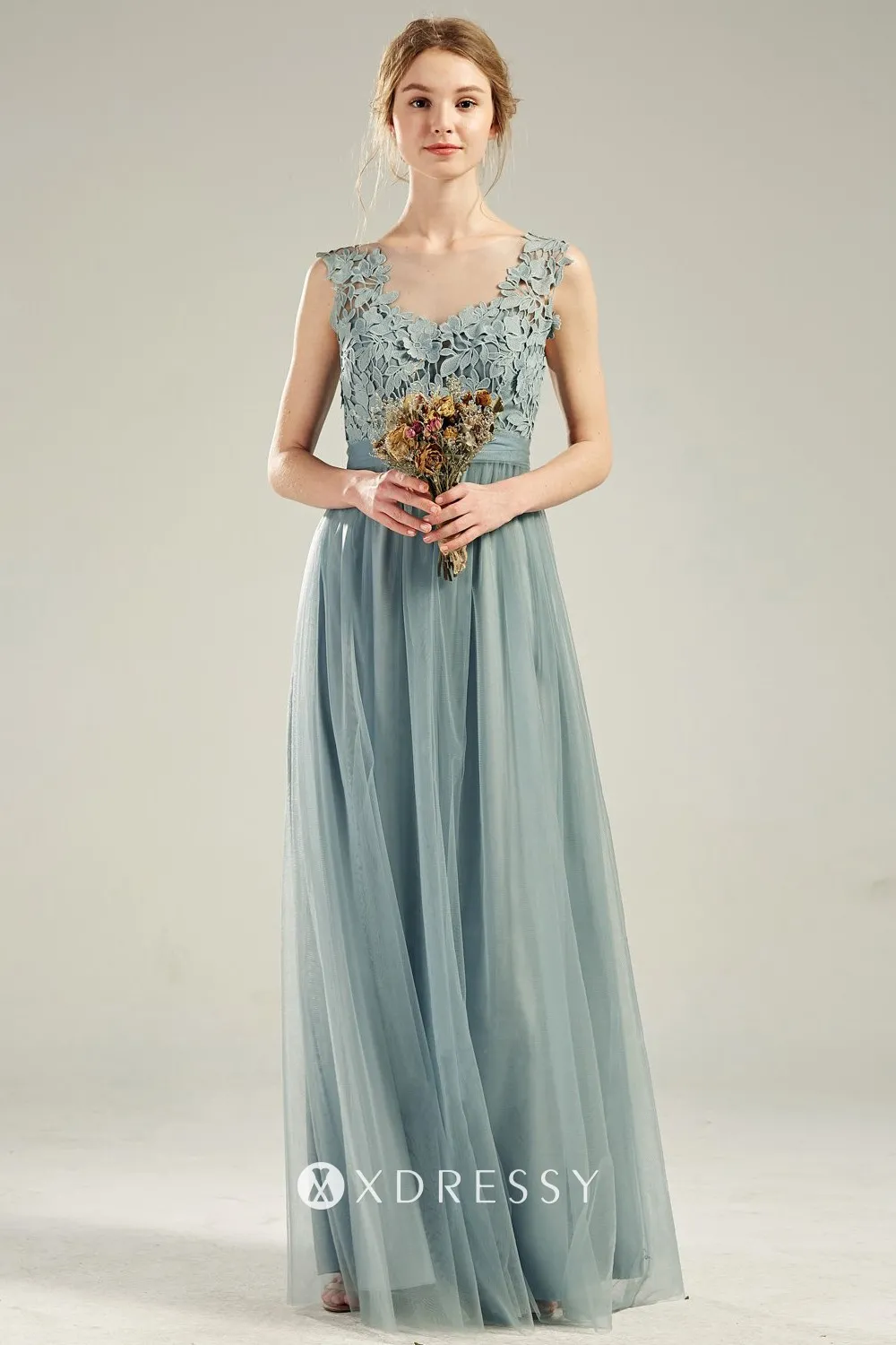 dusty blue lace and tulle V back long bridesmaid dress