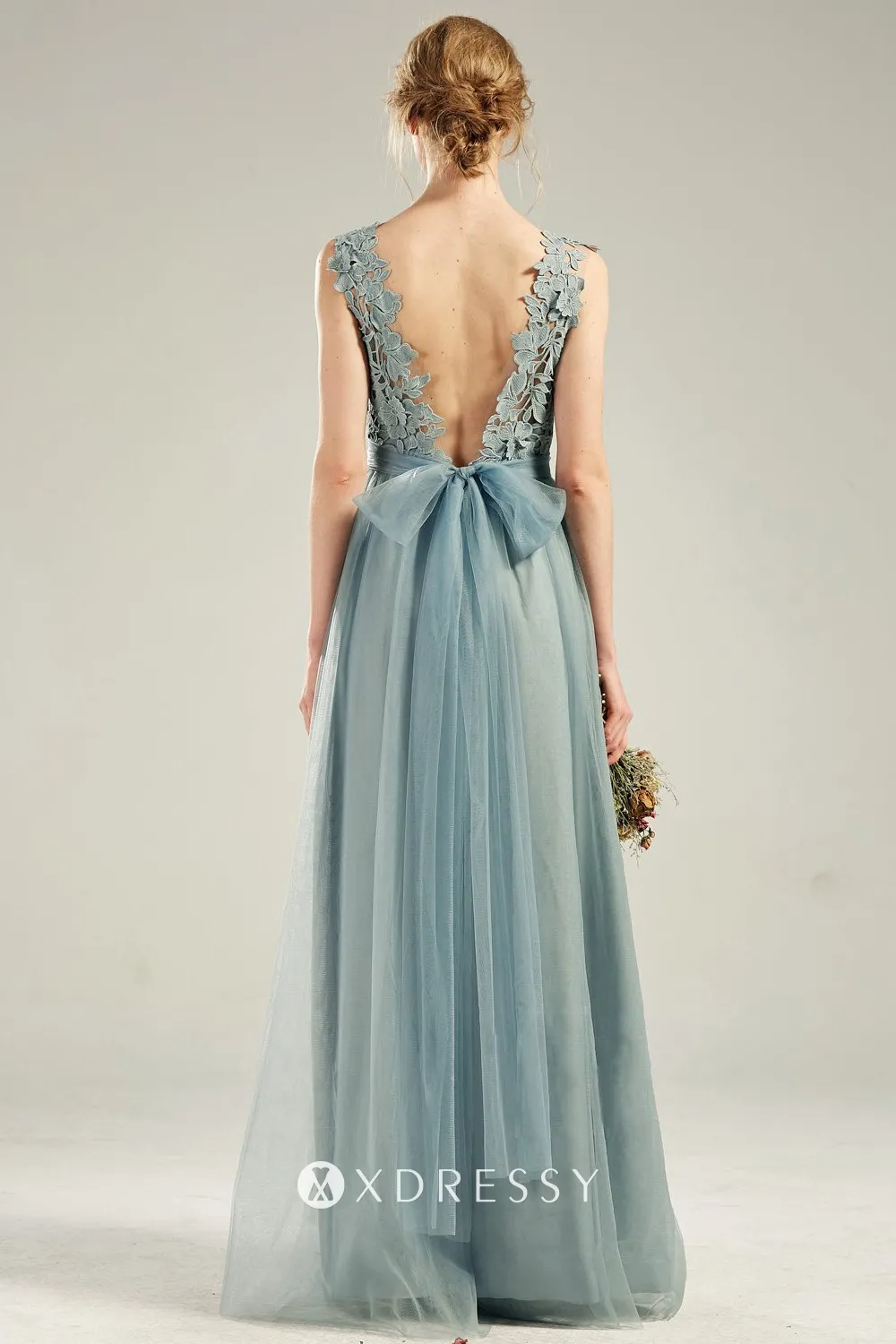 low V back dusty blue tied bow long bridesmaid dress