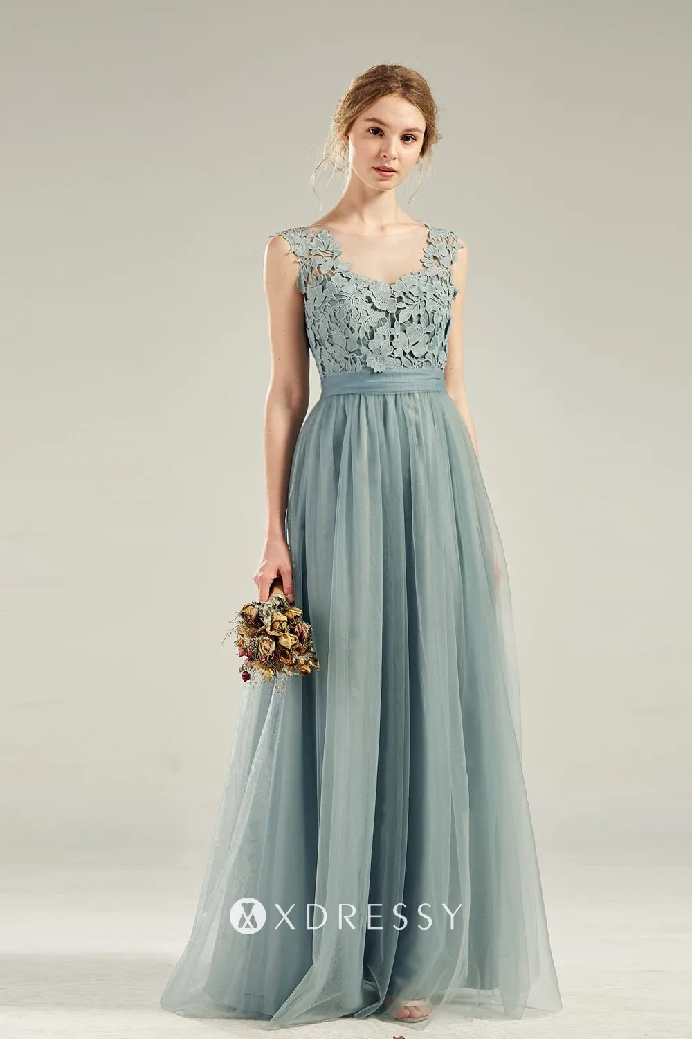 neutral dusty blue lace tulle illusion neckline A line bridal party dress