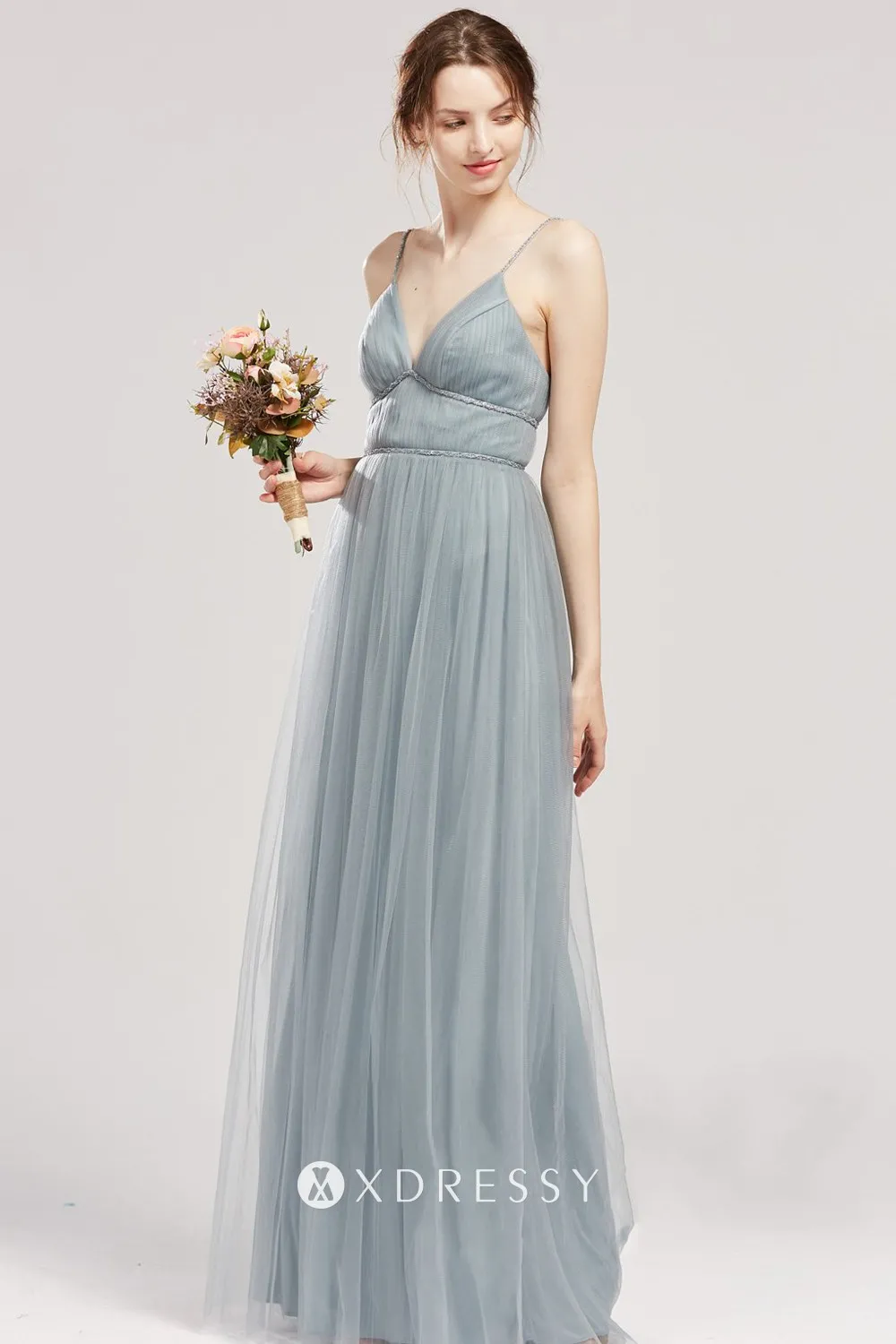 dusty blue tulle V neck beaded spaghetti straps long bridesmaid dress dusty blue tulle V neck beaded spaghetti straps long bridesmaid dress