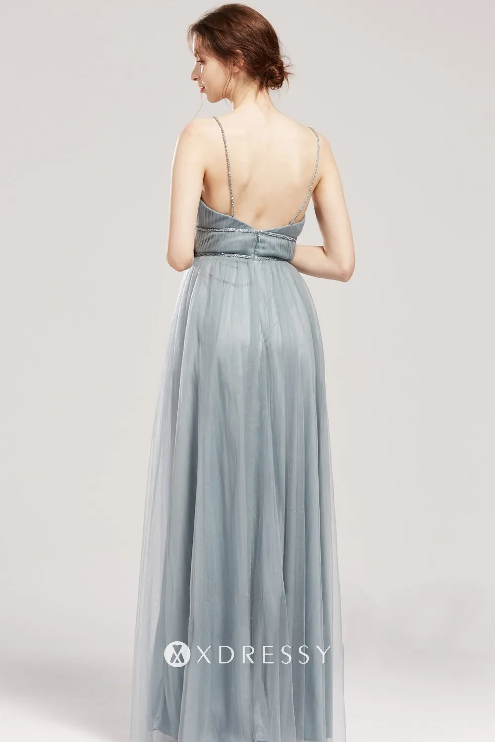 low back floor length dusty blue tulle empire waist wedding guest gown low back floor length dusty blue tulle empire waist wedding guest gown