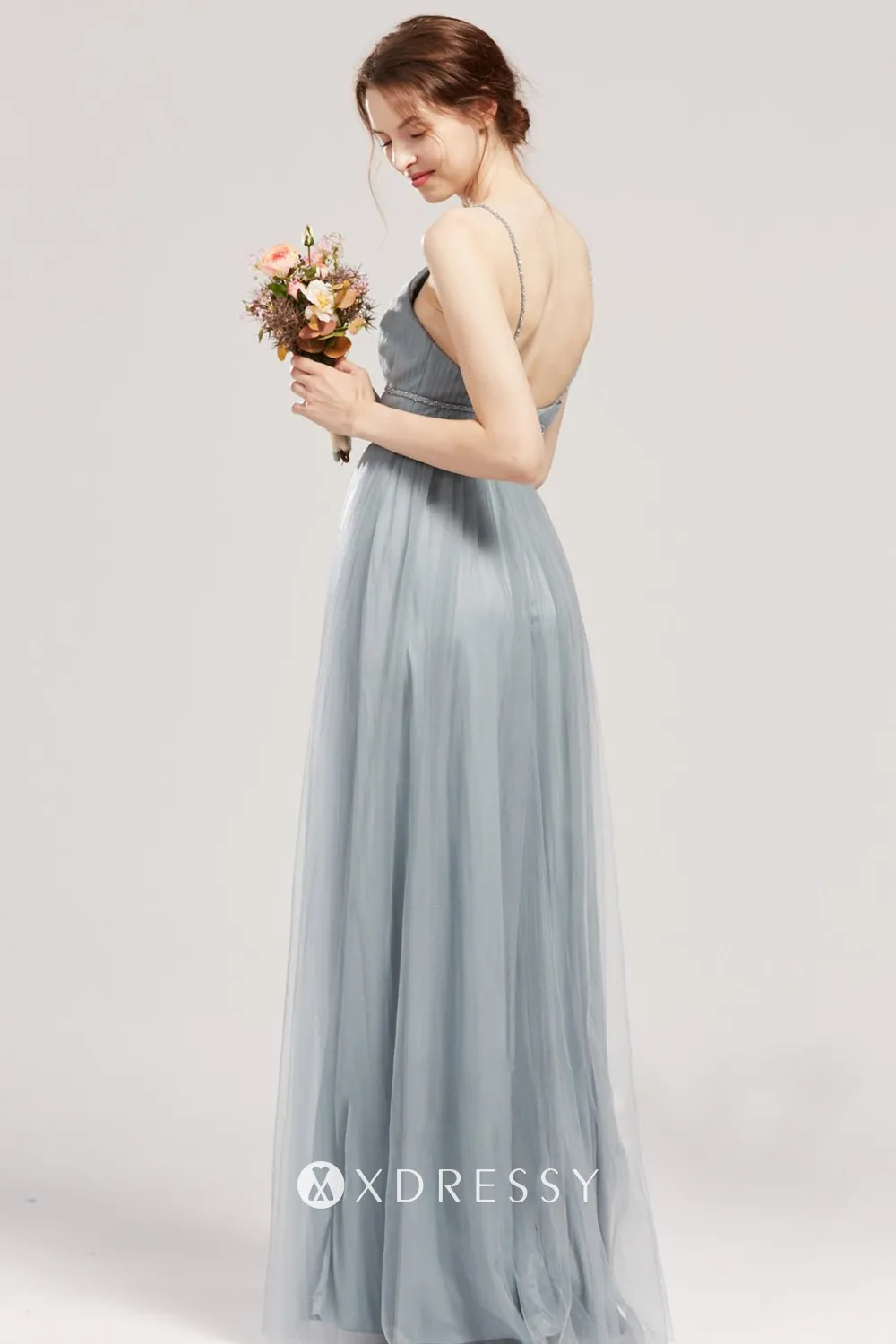 low back with beaded spaghetti straps A line bridesmaid gown low back with beaded spaghetti straps A line bridesmaid gown