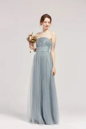 dusty blue tulle off shoulder ruched bridesmaid dress