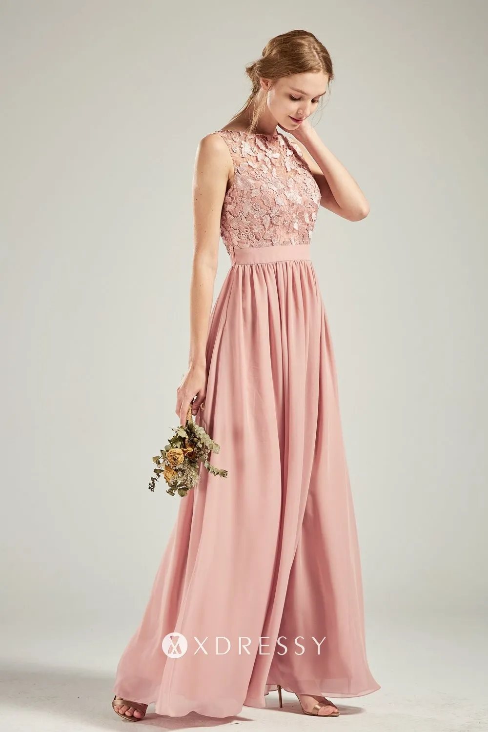 boat neck nude pink lace chiffon bridesmaid gown