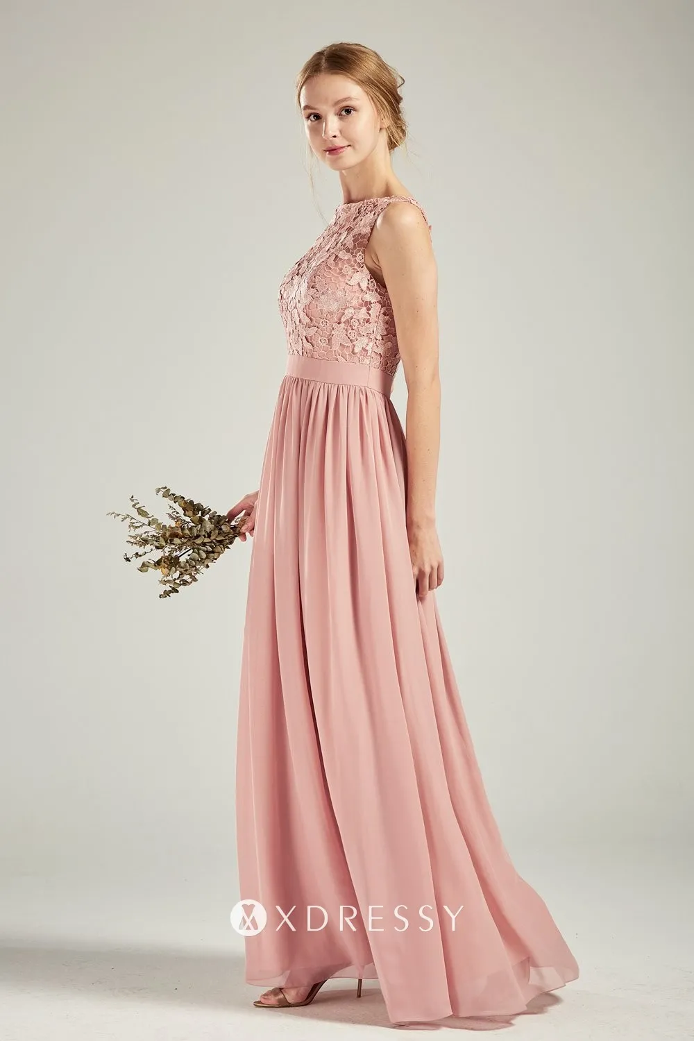 boat neck nude pink sleeveless bridesmaid gown