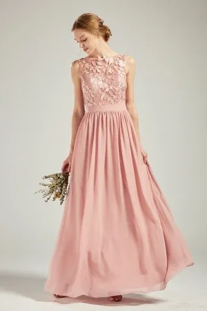 nude pink lace boat neck long chiffon bridesmaid gown