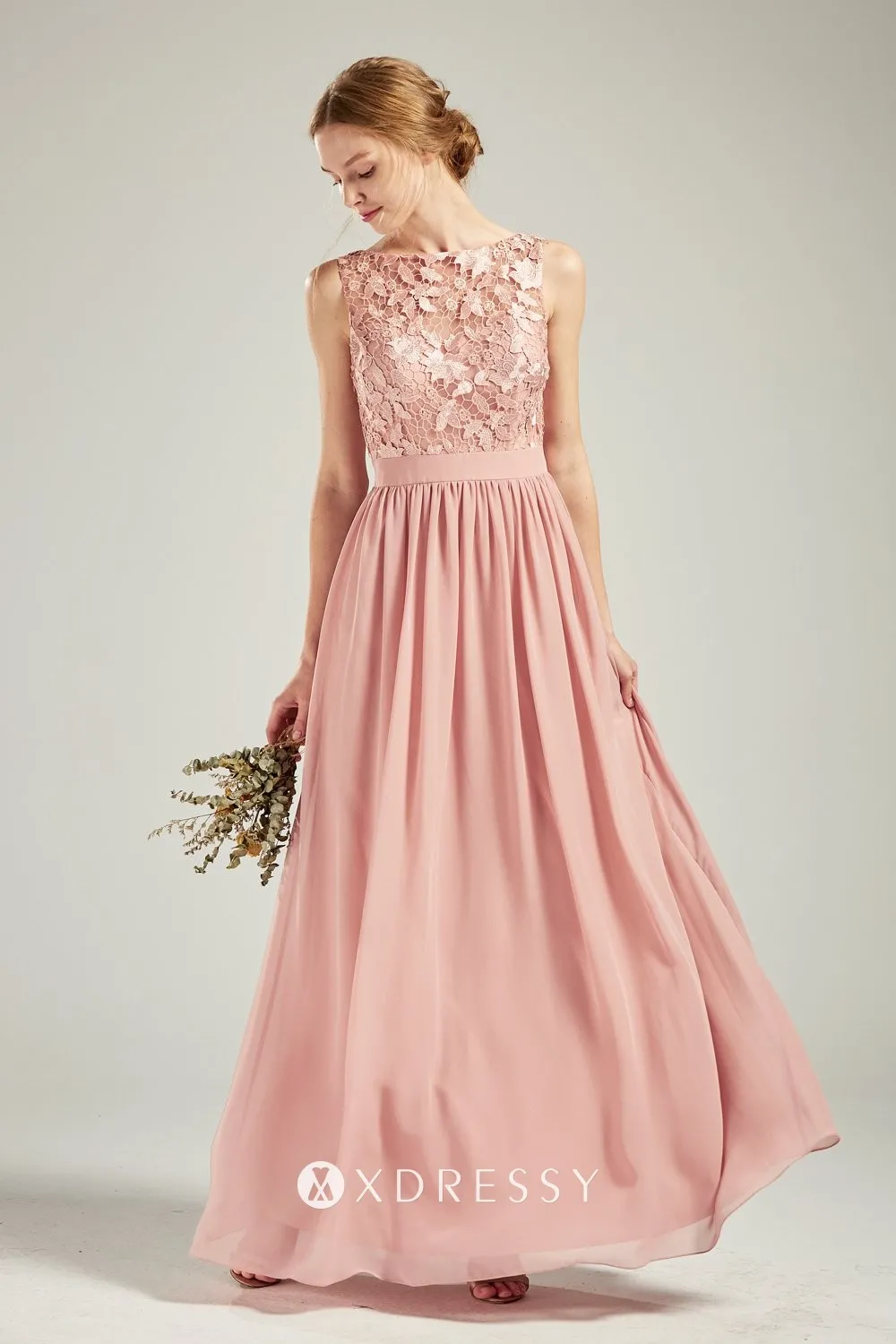 nude pink lace boat neck long chiffon bridesmaid gown