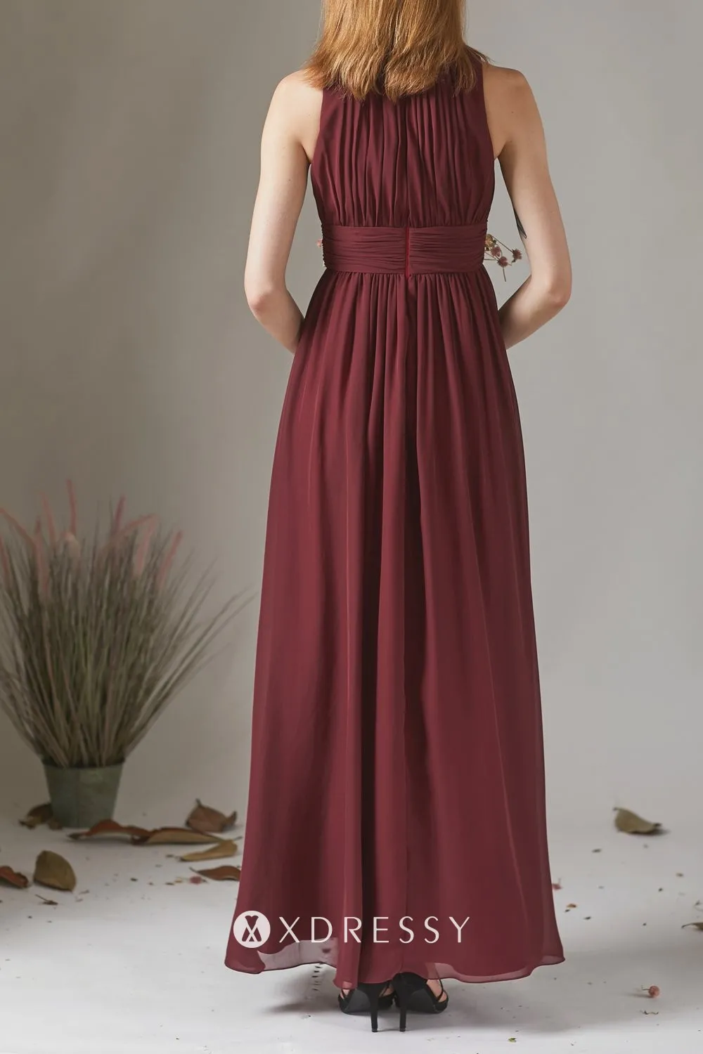 zipper closure pleated closed back mahogany chiffon dress zipper closure pleated closed back mahogany chiffon dress