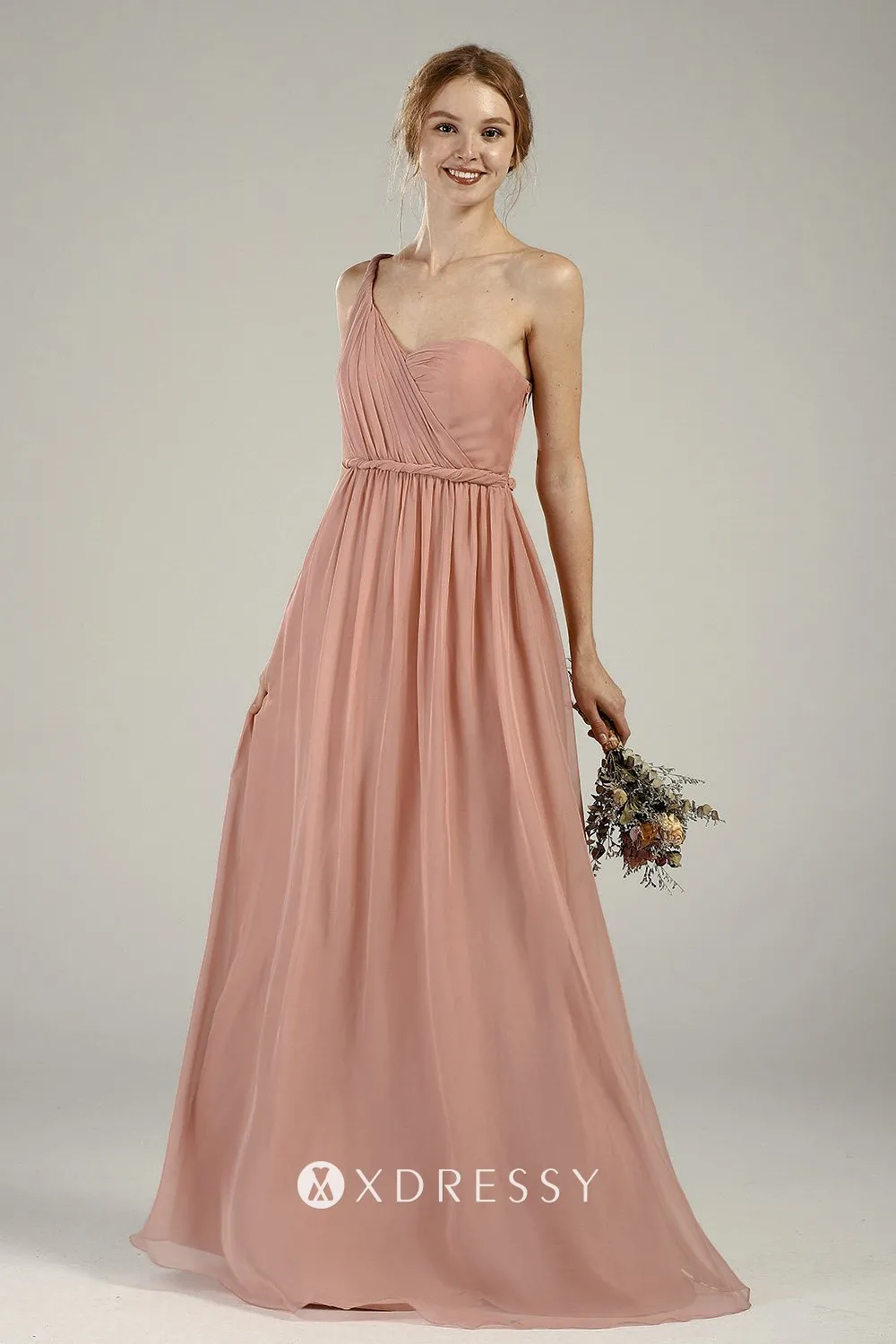 one shoulder strap A line nude pink chiffon gown one shoulder strap A line nude pink chiffon gown