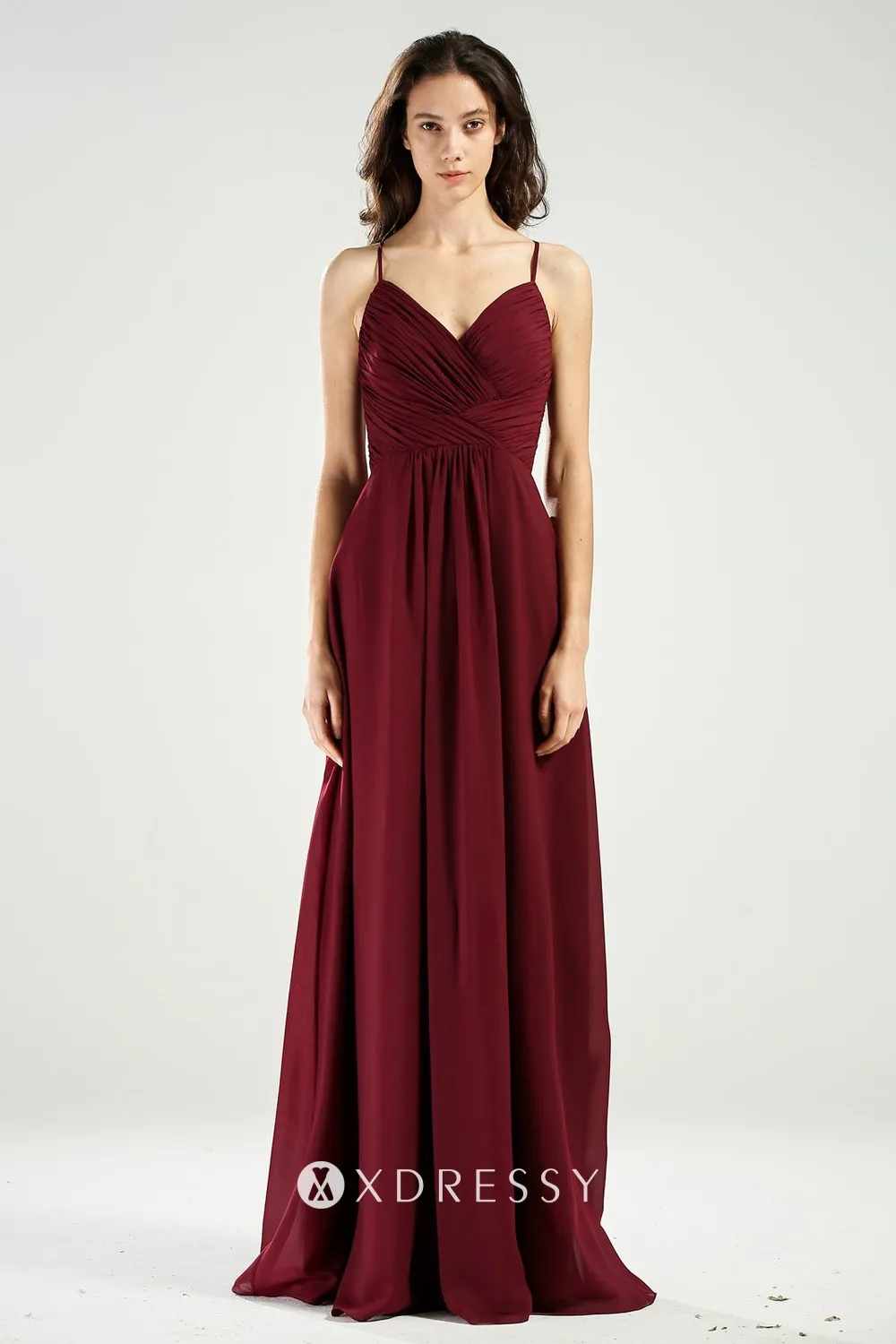 spaghetti straps pleated A line maroon chiffon gown spaghetti straps pleated A line maroon chiffon gown