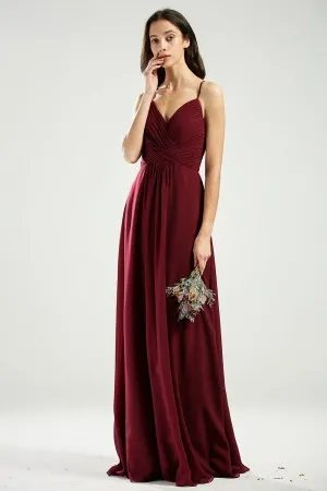spaghetti straps pleated maroon chiffon bridesmaid gown