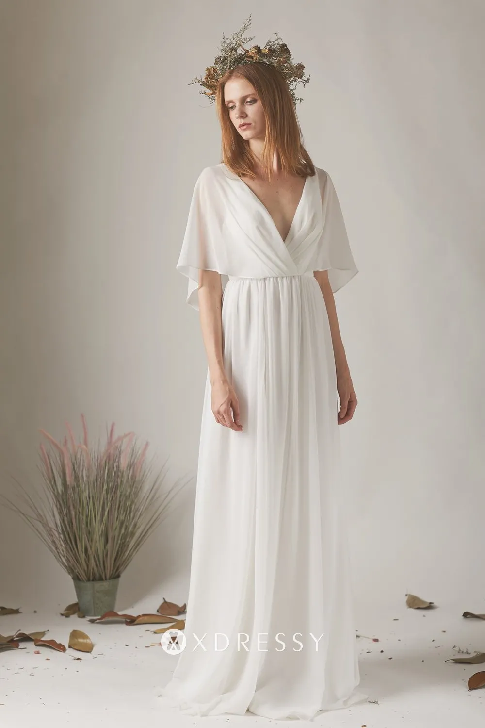 Ivory Flutter Sleeves Flowy Chiffon Bridesmaid Dress Xdressy