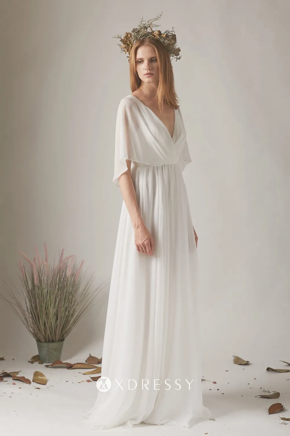 Long Chiffon Bridesmaid Dress with Flutter Sleeves Spa