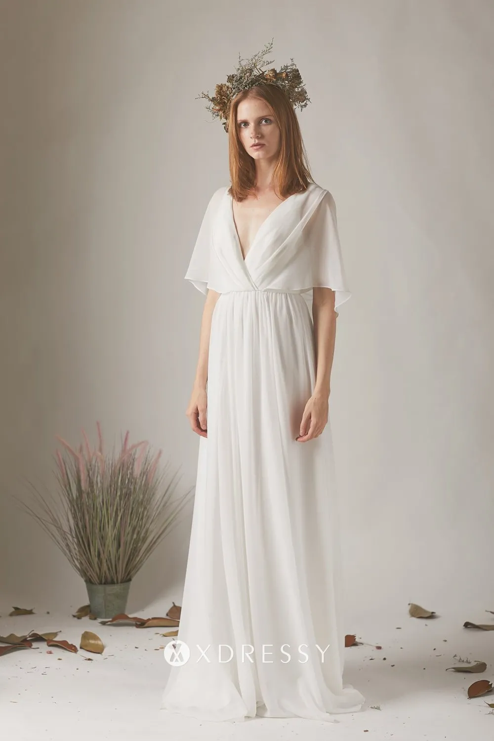 ivory flutter sleeves plunging V neck chiffon dress ivory flutter sleeves plunging V neck chiffon dress