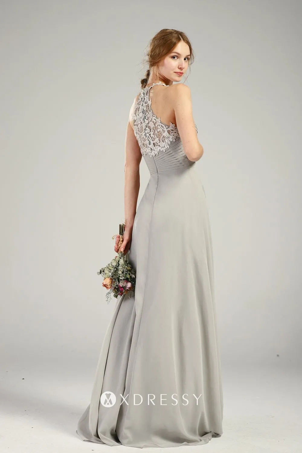 grey chiffon illusion lace racerback bridesmaid gown grey chiffon illusion lace racerback bridesmaid gown