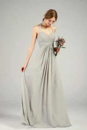 pleated grey chiffon halter straps bridesmaid gown