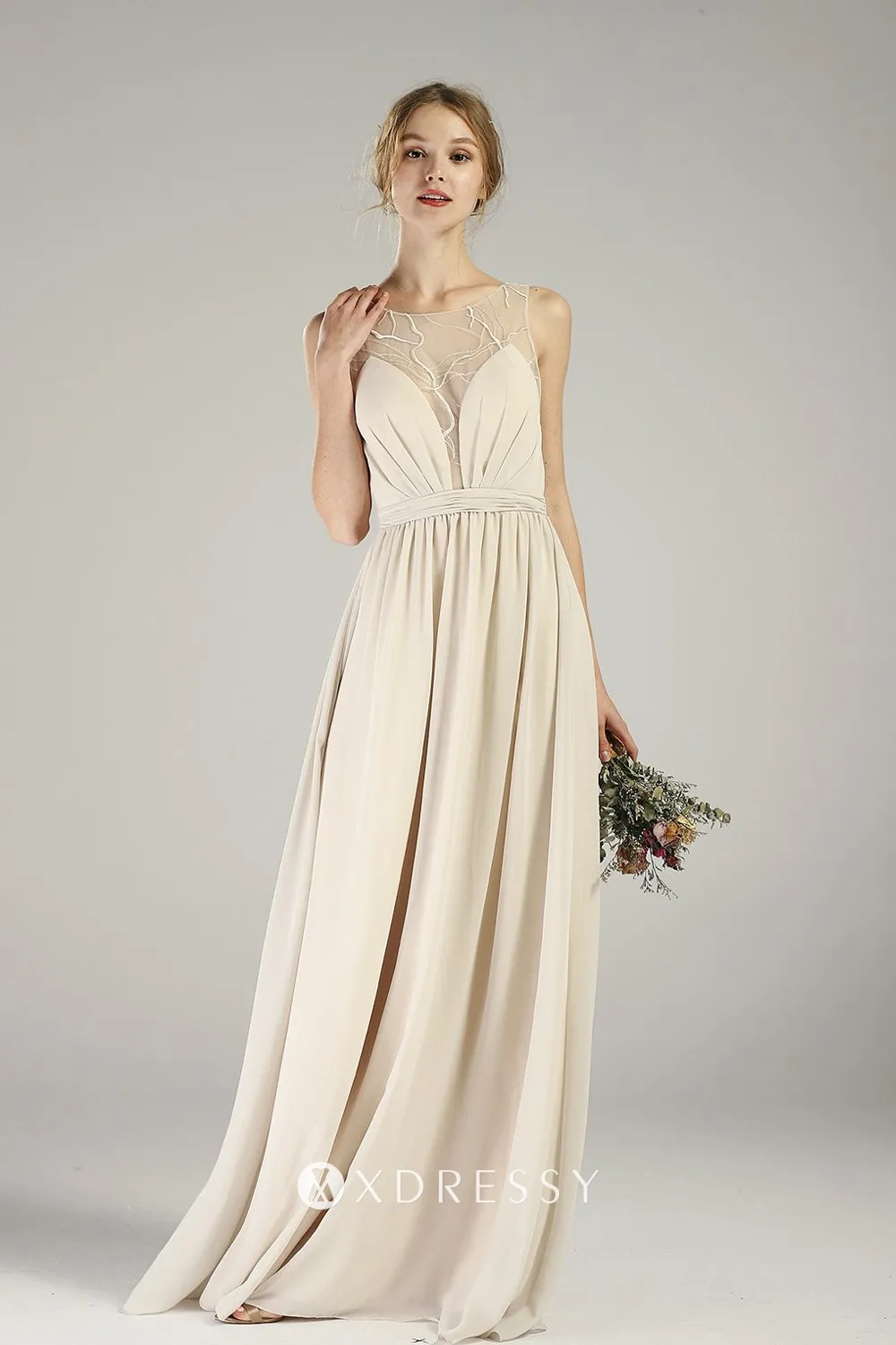 illusion plunging neck sand chiffon bridesmaid dress illusion plunging neck sand chiffon bridesmaid dress