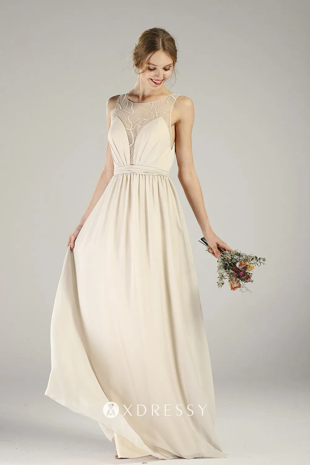 illusion plunging neck sand chiffon bridesmaid dress illusion plunging neck sand chiffon bridesmaid dress